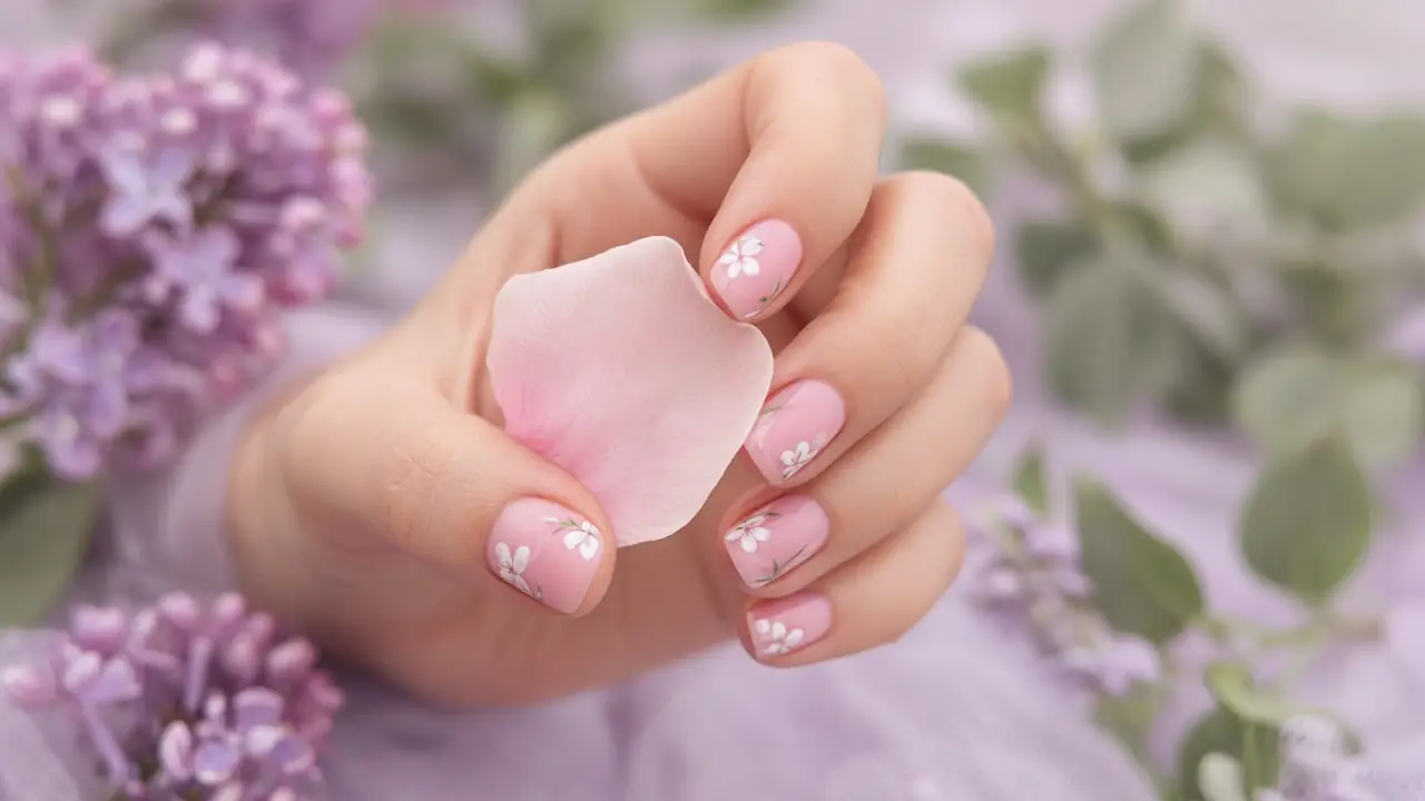 Illustrative image: pink manicure with a peony petal